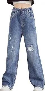 [LAVIQK] Big Girls Baggy Jeans Casual Patchwork Denim Jeans Elastic Wasit Wide Leg Ripped Pants for 6-14 Years