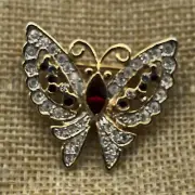 Vintage clear red butterfly brooch pin goldtone Boho