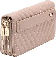 [B BRENTANO] Vegan Leather Double Zipper Pocket Wallet with Grip Hand Strap, Chevron Embroidered Almond Beige, Wallet With Hand Grip