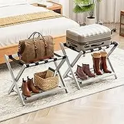SpaceAid Fully Assembled Luggage Rack 2 Pack, Bamboo Foldable Suitcase Stand for Guest Room, Heavy Duty Folding Luggage Holder with Storage Shelf for Bedroom and Hotel, Gray