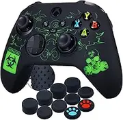 Silicone Rubber Back Dots Carving Customizing Skin Cover for Xbox Series X/S Controller x 1(BH Green) with Pro Thumb Grips x 10