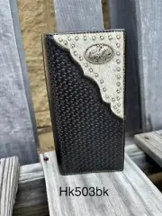Black Basketweave & Cowhide Leather Wallet With Bull Rider Concho
