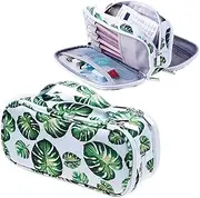Waterproof Canvas Pencil Case with Tree Leaves Design - Large Capacity 3 Compartments Organizer for School, Office & Travel (24x11.5x7.5cm) - Multi-Purpose Pen Bag & Makeup Pouch