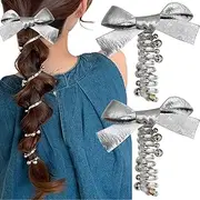 TECHPLUS 2 PCS Spiraled Telephone Wire Hair Bands Silver Ribbon Bowknot, Braided Headbands Ponytail Holders,No-Damage Elastic Coils Hair Accessories for Women Girls