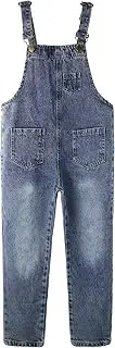 [Kidscool Space] Big Girls Denim Overalls, Fake Pocktes Simple Design Summer Loose Fit Jeans Workwear