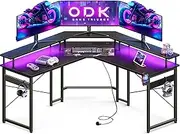 ODK L Shaped Gaming Desk with LED Lights&Power Outlet,129 * 129 * 76cm Computer Desk Gaming Table with Large Monitor Stand, Headphone Hook, Metal Legs, Black
