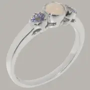 Solid 18k White Gold Natural Opal & Tanzanite Womens Trilogy Ring