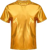 [Yruioon] Dance Top for Girls Boys Metallic Shiny Short Sleeve T-Shirt Hip Hop Jazz Modern Costume Dancewear