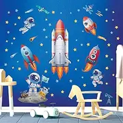 DECOWALL SG2-2416 Rocket Astronaut Wall Stickers Decals Kids Bedroom décor Nursery Boys Galaxy Stars Outer Space Planets Solar System Dark Removable Decoration Living Spaceship Window Art Mural Peel