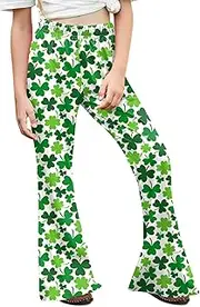 [BesserBay] Girls St.Patrick's Day Lucky Clover Bell Bottom Stretch Leggings Pants with Pockets 5-14 Years