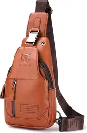 BULLCAPTAIN Leather Men's Sling Backpack Multi-pocket Crossbody Chest Bags Travel Hiking Daypack with Earphone Hole