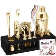 Gold Bartender Kit - Stainless-Steel Cocktail Shaker Set w/Black Bamboo Stand...