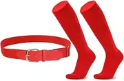 [VASANA] Red Baseball Socks and Belt Set Adjustable Softball Socks Elastic PU Leahther Waist Belt Sport Accessory for Unisex Youth (Suitable for Shoe Sizes 26-34 EU/18-22 CM), Red, Small