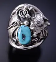 Size 9-1/2 Silver & Turquoise Howling Wolf Navajo Men's Ring J. Saunders 4L10S
