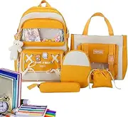 Cute Bags Set,5 PieceAesthetic School Backpack with Pins and Plush Pendants | Large Capacity Aesthetic School Backpack, Waterproof School Bag Set for Shopping, Teenage Girls Helves