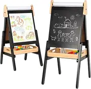 3 in 1 Easel for Kids with Wood Tray Double Sided Kids Easel with Paper Roll,Magnetic Chalkboard & White Board Height Adjustable Painting Standing Easel for Toddlers Childrens 2+ (Black)