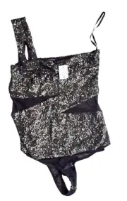 Bebe Bodysuit Women's Medium Black Silver Sleeveless Nylon Spandex One Piece NWT