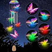 Qoosea Wind Chimes Solar Light for Outdoor, Color Changing Garden Butterfly Aluminum Tube Solar Wind Chimes, Perfect for Patio Garden Decoration, Gifts for Mother's Day, Christmas, New Year, Birthdays