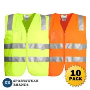10 x Unisex Hi Vis Full Zip Vest Reflective Tape Factory Warehouse Work ZV998