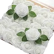 50 Pcs White Roses Artificial Flowers, Foam Fake Roses with Stems, Real Touch Fake Rose for Wedding, Bridal Shower, Decorations Fake, Flowers Centerpieces, Tables Decorations