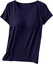 Women's Modal Built-in Bra Padded Active Camisole Short Sleeves Pajama Ladies Casual Tops Yoga Sports Vest T-Shirts