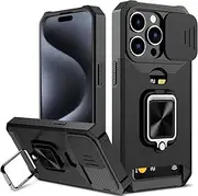 for iPhone 15 Pro Max Case with [Card Holder Slot][Stand Kickstand Ring][Sliding Window] Tough Slim Heavy Duty Defender Armor Shockproof Military Grade Dual Layerfor iPhone 15 Pro Max Case Cover