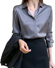 [HanZhuoAu] Women's Fashion Satin Shirt Street Fashion Temperament Shirt Business Slim Shirt Invisible Button Design（Lapels,Peak Lapels）