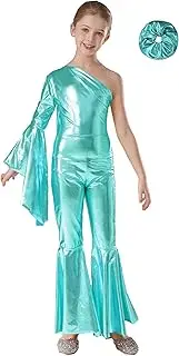 [Choomomo] Girls Dance Unitards Shiny Metallic One Shoulder Flared Long Sleeve Bell-Bottom Jumpsuit with Matching Hair Tie