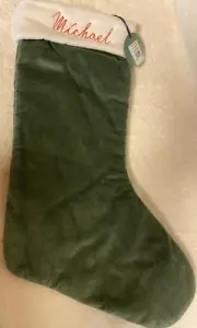 West Elm Green Velvet Stocking 18" Michael Monogram NEW