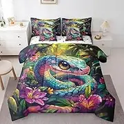 Cartoon Snake Comforter Set Full Size,Tropical Jungle Flower Bed Set 7pcs with Comforter,Fitted Sheet,Flat Sheet,2 Pillowcases,2 Throw Pillow Covers,Magical Reptile Animal Bedding Set