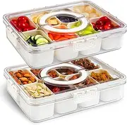 Divided Serving Tray with Lid and Handle, 8 Compartments Portable Snackle Box Container for Fruit, Veggies, Clear Snack Containers for Kids and Adult, Perfect for Travel, Camping, Picnic