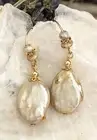 Natural Beige Freshwater Coin Pearl In Drop Down Gold Plated Earrings