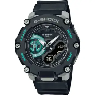 【CASIO】G-SHOCK 碳核心防護構造汽車煞車碟盤設計戶外冒險運動錶-黑X藍綠配色(GA-2200M-1)公司貨