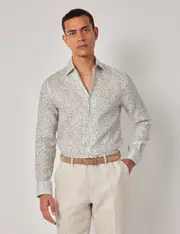Hawes & Curtis Sage & White Floral Pure Linen Slim Shirt | One Piece Collar | Full Cutaway Size: Small