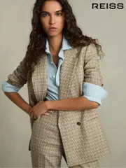 Reiss Brown Check Vida Wool Double-Breasted Houndstooth-Check Blazer (AB9320) | $565