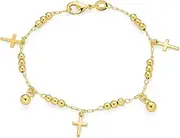 [Bling Jewelry] Christian Religious Spiritual Beads Bells Dangle Charm Multi Cross Anklet Ankle Bracelet For Women Teens 18K Gold Plated Brass 7.5, 10 Inch