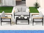 Outdoor Aluminum Furniture Set,4 Piece Patio Conversation Sets,Removable & Washable Cushion,Ink Color Tempered Glass Table Light Grey