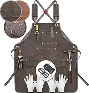 [Corvalezy] Heavy-Duty Waxed Canvas Work Apron for Men & Women, 9 Tool Pockets, Adjustable Shop Bib for Woodworking, Art, Blacksmith Use