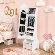 CostwayKids Jewelry Cabinet with Full-Length Mirror and Foldable Drawer-White