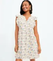 LOFT Paradise Ruffle Button Cap Sleeve Tropical Safari Print Dress Size Medium