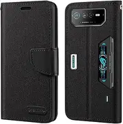 Oxford Fabric PU Leather Flip Wallet Case Compatible with Asus ROG Phone 6 Pro, Durable Protective Cover with Card Slots and Magnetic Closure (Black)