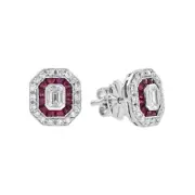 18K White Gold Natural Emerald Cut Diamond Ruby Art Deco Style Stud Earrings