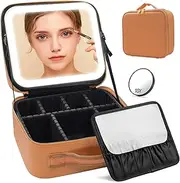 Jadazror Travel Makeup Bag with Mirror and Lights, Large Capacity, 3 Color Modes, 10X Magnifying Mirror, Brown