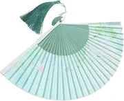 ABOOFAN Chinese Style Bamboo Fan Vintage Folding Hand Fan Tassels Mint Lotus Hand Fan for Dec