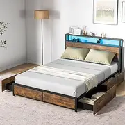 Giantex Queen Bed Frame with App Control RGB LED Lights, Metal Platform Bed with Storage Headboard, Charging Station & 4 Roll-Out Drawers, Noise-Free Mattress Foundation, No Box Spring Needed