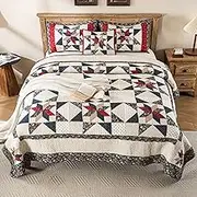 NIUDÉCOR HOME Star Patchwork Quilt Set Cal King Size Country Comforter 100% Cotton Reversible Breathable Geometric Quilted Bedspread with Pillow Shams for All Seasons