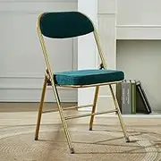 Corduroy Fabric Folding Chair, Home Balcony Retro Folding Chair, Metal Foldable Stool Chair with Backrest for Photo Office Meeting Chair(Blue+Gold)