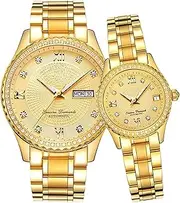 Couples Automatic Self-Wind Watches Calendar Date Luxury Stainless Steel Men and Women Pair Watches His and Hers Automatic Watch Gifts Set of 2