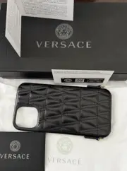 Versace Cover Case iPhone 12 w/Chain Loops Calf Leather In Black w/Verification