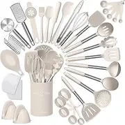 [Umite Chef] Silicone Kitchen Cooking Utensil Set, 43 pcs Spatula Set with Stainless Steel Handle, Non-Stick Heat Resistant - Best Cookware Set-(Khaki)